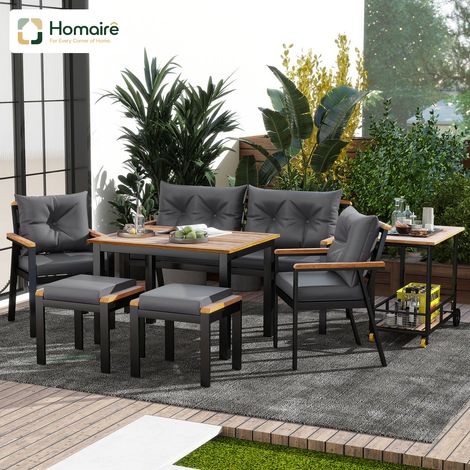 HOMAIRE Set de table et chaises en bois d'acacia pour jardin, 6-7 places avec fauteuils, plateau à manger amovible et housses de tissu amovibles et lavables