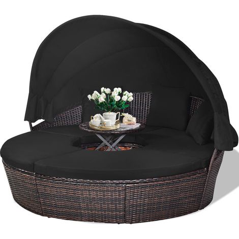 190 x 177 cm lit de jardin rond en rotin PE, salon de jardin extérieur avec auvent rétractable et table relevable (1/5)