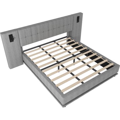 Lit tapissier 180x200 cadre de lit en lin gris, tête de lit avec liseuse, lit double avec port usb, lit 180x200 sans matelas. (1/5)