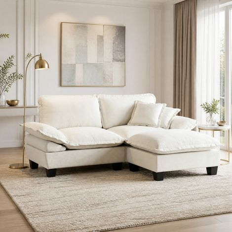 Canapé d’angle modulaire 194x151x90 cm beige en chenille avec ottomane amovible et coussins intégrés (1/5)