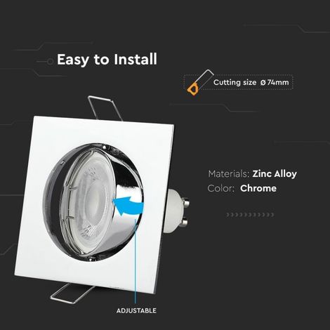 V-TAC Quadratische LED-Einbaustrahlerhalterung GU10 und GU5.3 (MR16) Chromfarbe Einstellbar