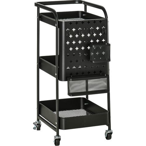 Metallener Bürowagen/Aufbewahrungswagen mit 3 Ablagen, 2 Besteckkästen und 4 Haken. Maße: 51,5 cm (L) x 32 cm (B) x 75,6 cm (H) – Schwarz (1/5)