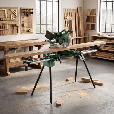 Support universel pliable pour scie à onglets avec 2 roulettes de support, réglable en hauteur et en largeur, capacité de charge de 200 kg, vert (1/5)