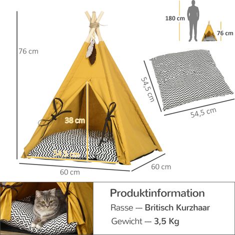Tierbett, drolliges Tipi-Design, mit weichem Liegekissen, Bodenmatte, für Hunde und Katzen, 60 x 60 x 76 cm (1/5)