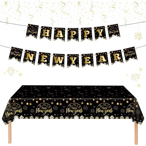 Tischdecke Silvester 2027 Schwarz Gold mit Banner 137x274cm
