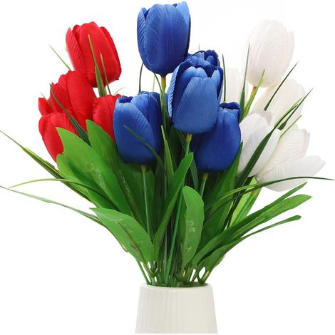 Lot de 3 Bouquets de Tulipes Artificielles pour Décoration du Jour de L'indépendance, 30,5 Cm, Simulation de 18 Têtes, Rouge, Blanc, Bleu, Tissu en Soie, Bouquet de Fleurs pour la (1/5)