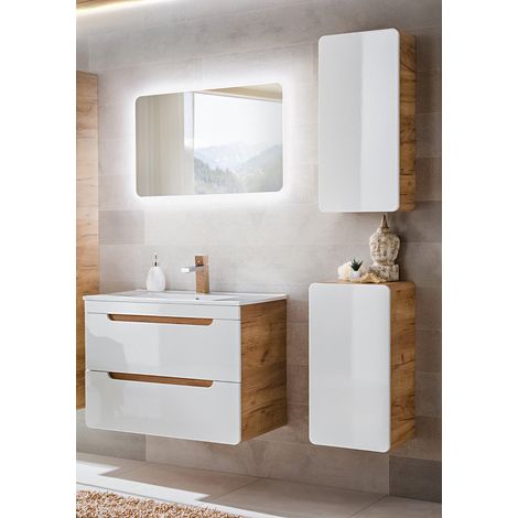 Badmöbel Set mit Keramik-Waschtisch & LED-Spiegel LUTON-56 Hochglanz weiß, Wotan Eiche Nb., B/HT ca. 130/200/46 cm
