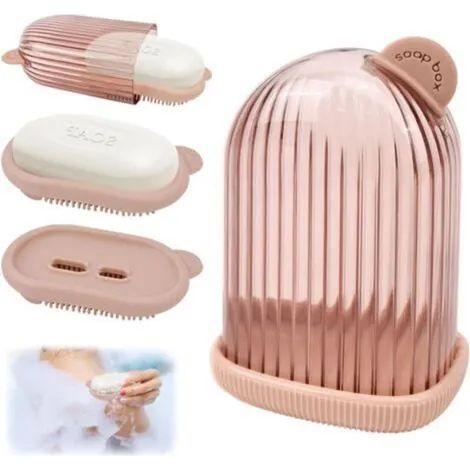 Boîte à savon de voyage, boîte à savon en plastique transparent avec bac égouttoir, boîte à savon pour shampoing solide, porte-savon de voyage (rose) (1/3)