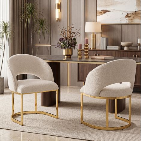 Lot de 2 chaises de salle à manger 59x56x80 cm en tissu bouclé beige, modernes pour salon FloraGrace (1/5)