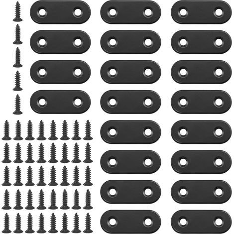 Lot de 20 crochets d’angle droits plats de 40 mm en métal noir avec joint pour plaque de réparation avec 45 vis pour meubles en bois (40 x 2 mm) (1/5)