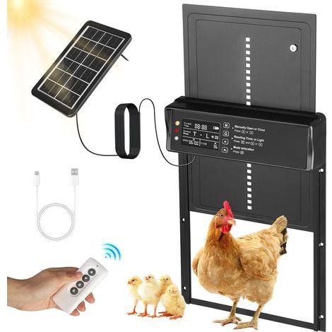 Aiperq – Porte automatique pour poulailler solaire – Aluminium ABS – Écran LCD programmable – Télécommande jusqu'à 15m – Protection anti-pincement (1/5)