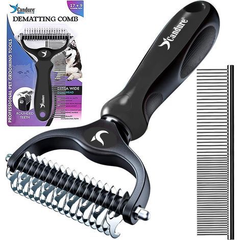 1 - Dog Brush - Grooming Rake - Double-Sided 17 & 439 Teeth - Removes Knots and Undercoat - For Long-Haired Dogs and Cats - Black (1/5)