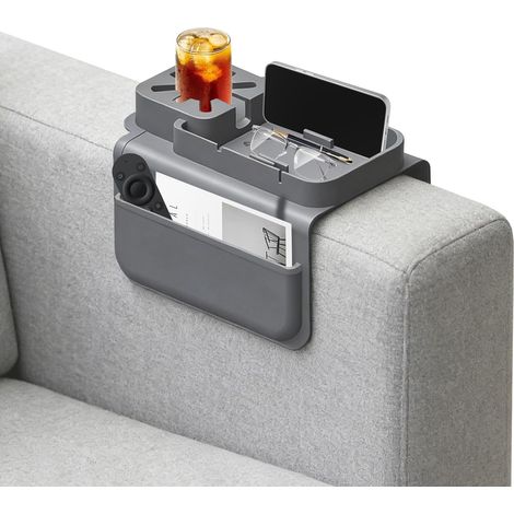 Plateau Accoudoir Canapé - 1 Unité - Silicone - Porte-Gobelet Et Poches - Rangement Salon - Gris (1/5)