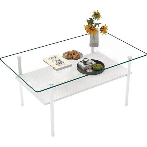 Table basse moderne avec plateau en verre trempé et étagère MDF, cadre métallique blanc, 98x58x45 cm (1/5)