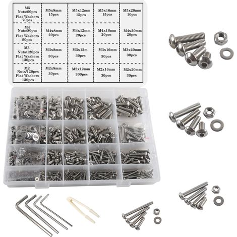 1180pièces Jeu de Vis Boulons et Écrous M2 M3 M4 M5 304 vis à tête ronde en acier inoxydable kit de vis et d'écrous pour machine hexagonale avec boîte de rangement (1/5)
