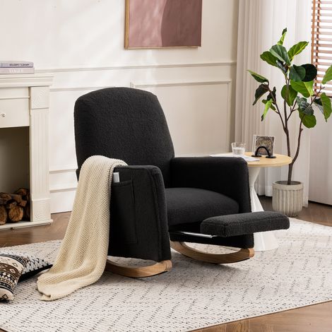 Fauteuil à bascule dossier haut tissu bouclette – Repose-pieds extensible poche latérale de rangement – 67×96×96 cm – Pour salon chambre de maternité lecture sieste – Noir (1/5)