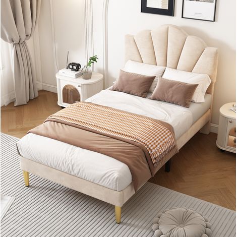 Letto imbottito 90 x 200 cm in velluto, testiera regolabile, beige DESVIAE (1/5)
