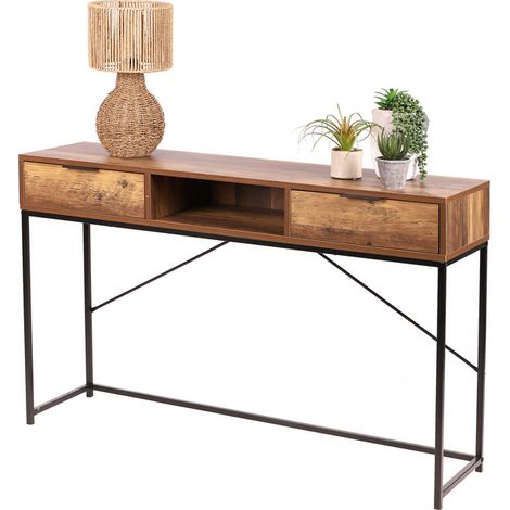 Console d'Entrée en Métal Noir et Bois 2 Tiroirs + 1 Casier (1/4)