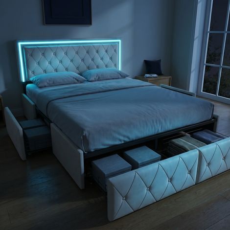 Lit double adulte 160x200 cm avec 4 tiroirs, Éclairage LED RGB, Moderne, Beige (1/5)