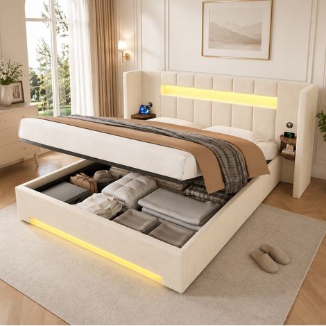 REDOM - Letto contenitore 180x200 cm con USB, vani portaoggetti, LED e sistema idraulico, velluto beige (Senza materasso) (1/5)