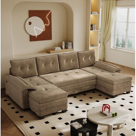 Sofá cama modulable con USB, reposabrazos desmontables y 4 cojines, en felpa, caqui (1/5)