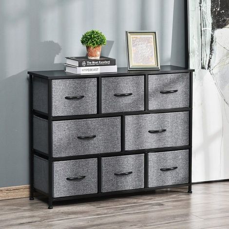 Commode gris foncé 100 x 30 x 78,5 cm avec 8 tiroirs en tissu, structure métal, plateau MDF, pieds réglables et anti-basculement (1/5)