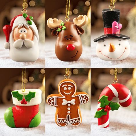 6-teiliges Set bemalter Christbaumschmuck – lebendige und niedliche 3D-Ornamente aus Kunstharz zum Aufhängen Lebkuchenmann Zuckerstange Schneemann Weihnachtsmann Elch (1/5)