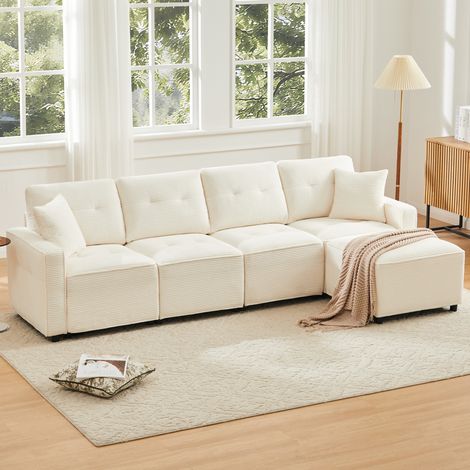 Sofá 280/146/85 cm en pana beige con almacenaje y puf móvil (1/5)