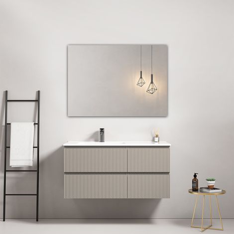 Mobile bagno sospeso cannettato 100 cm Grigio Cenere Lavabo a Sinistra in Ceramica Specchio Quadro - Fiji Paint (1/4)