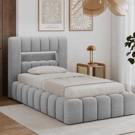 Cama con cajón de 90 x 200, con somier y luces LED incluidas, modelo Auria, color gris claro (1/5)