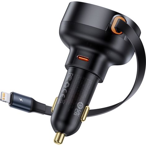 Caricabatterie da auto con cavo retrattile per iPhone Lightning USB-C 60W nero (1/5)