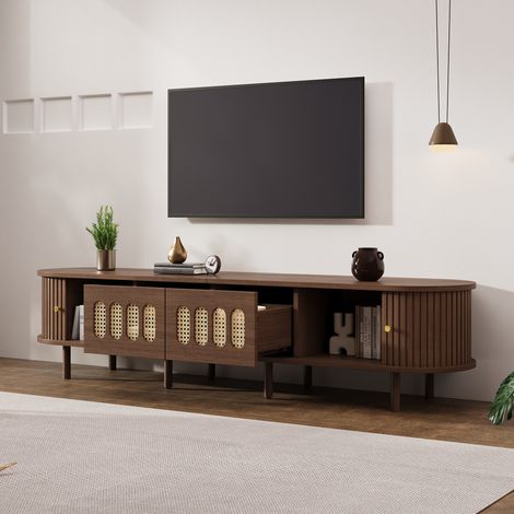 Mueble TV 180x40x40 cm de MDF color nogal con 2 cajones, para salones ordenados – MEUBLIV (1/5)