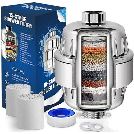 Filtre de douche anti-calcaire niveau 15 avec vitamine C Haut débit, élimine le chlore et le fluor Livré avec 2 cartouches remplaçables (1/4)