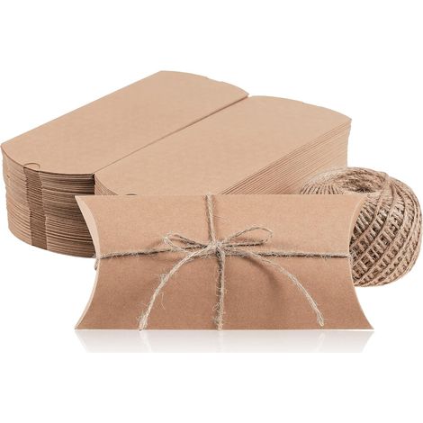 Gift Boxes, 100-Pack Cushion Shaped Gift Boxes with Cord, Mini Kraft Boxes, 19 x 9.5 x 3 cm (1/5)
