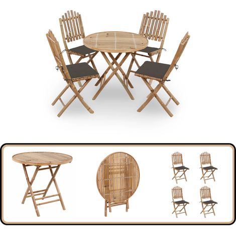 5-tlg. Garten-Essgruppe mit Kissen Klappbar Bambus - Bambus Möbel - Gartentisch - Gartenstühle - Esstisch - Esszimmerset
