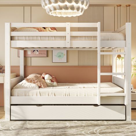 Lit superposé - Gigogne Convertible 3-en-1 - 90x200 cm - Barrières de sécurité, charge 120 kg - Bois - Blanc (1/5)