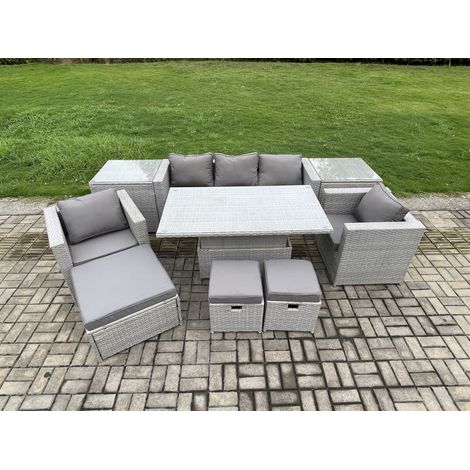 Fimous Polyrattan Gartenmöbel Set mit Sofa, Höhe verstellbar Esstisch und 3 Hocker,2 Beistelltisch,Outdoor Terrassen Essgruppe Helles Grau (1/5)