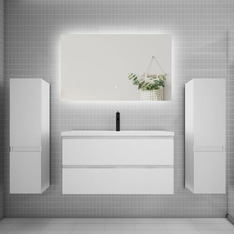 Ensemble meuble de salle de bain et lavabo blanc (L.100cm) 2 tiroirs + meuble haut2 + lavabo + miroir LED (1/5)