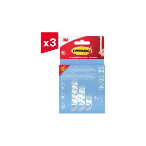 Lot de 3 languettes adhésives amovibles à usage général Command™, transparentes, 8 petites + 4 moyennes + 4 grandes languettes, Multi-Pack (1/2)