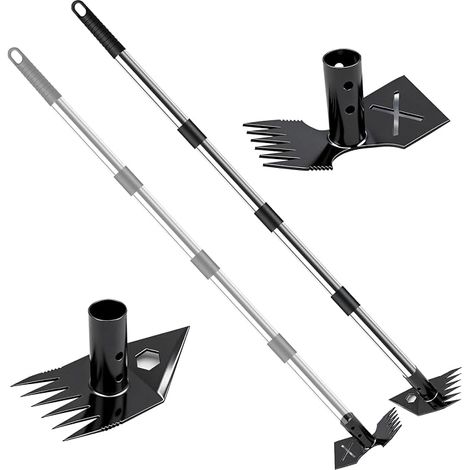 Désherbeur avec long manche et double tête - Outil de jardin pour enlever les mauvaises herbes, ameublir la terre, planter des fleurs et légumes - Désherbeur avec poignée ergonomique (1/3)