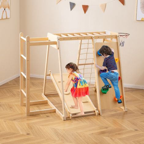 Aire de Jeux pour Enfants Structure d'Escalade avec Toboggan Rampe Panier de Basket Barre de Singe Filet de Corde pour 3-14 Ans Macaron (1/2)