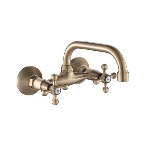 Bagnoclic – Mélangeur de lavabo mural avec bec haut – Finition vieux laiton – En bronze – Hauteur du bec 9 cm – Projection 18 cm