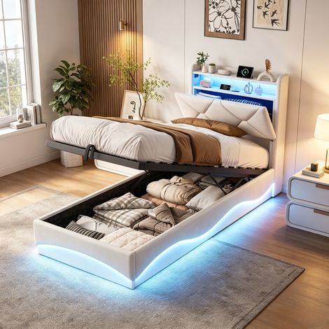 Lit simple 90×200cm, lit coffre avec lumière LED, lit capitonné avec port USB,grand espace de rangement sous le lit,tête de lit avec rangement, sommier à lattes, lit adulte, lit ado, Velours, Beige (1/5)