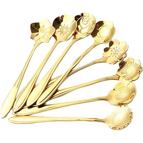 Lot de 8 Cuillères à Dessert en Acier Inoxydable Doré, Formes Créatives de Fleurs Assorties, Cuillères Sûres pour Thé, Café et Pâtisserie Maison (1/5)