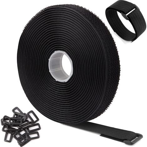 Attaches de câble réglables de 5 m avec 25 boucles, attaches de câble réutilisables noires, sangles de gestion de câbles Velcro (5 m x 2,5 cm, noir) (1/5)
