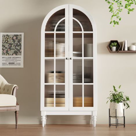 Vitrina arqueada de 165 cm con puertas dobles de cristal estriado, 3 estantes, 2 colores (nogal + blanco). (1/5)