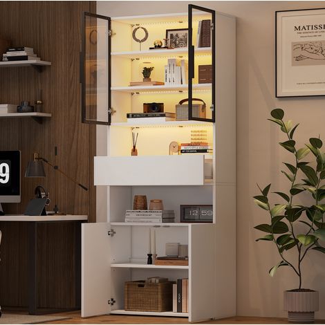 Vitrina 70 x 30 x 200 cm con LED, 2 puertas de cristal, 1 cajón y almacenaje blanco DESVIAE (1/5)