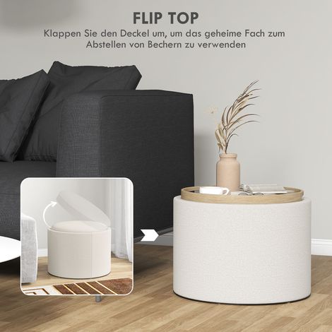 Tabouret de rangement en lin avec coussin, couvercle réversible, coffre dissimulé, 56x56x42 cm, teinte crème et naturel (1/4)