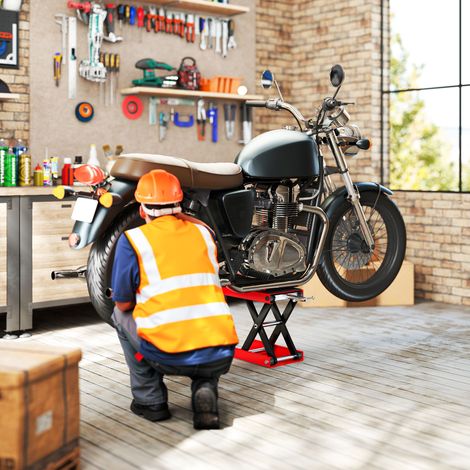 Supporto regolabile antiscivolo pour moto et vélo, capacité 500 kg, cadre métal et caoutchouc, atelier garage, dimensions 41.5x23.5x10-37 cm, rouge et noir