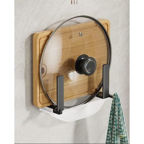 2 supports muraux pour couvercles de casseroles - acier au carbone auto-adhésif - avec planche à découper et bac de récupération des graisses (1/2)